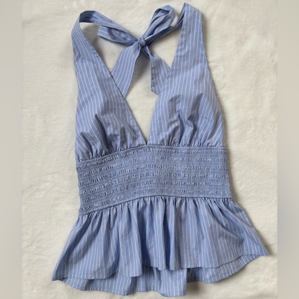 Dynamite Blue Pinstripe Tie-Back Smocked Peplum Top